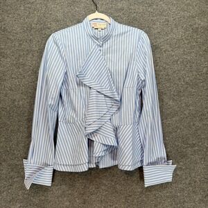 Maison Common Blouse Womens 38 Blue Striped Western Embroidered‎ Ruffle Peplum